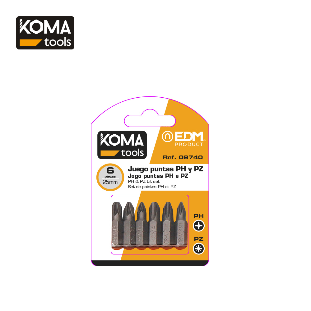 Jogo de 6 ponteiras ph 1-2-3 pz 1-2-3 x 25mm koma tools