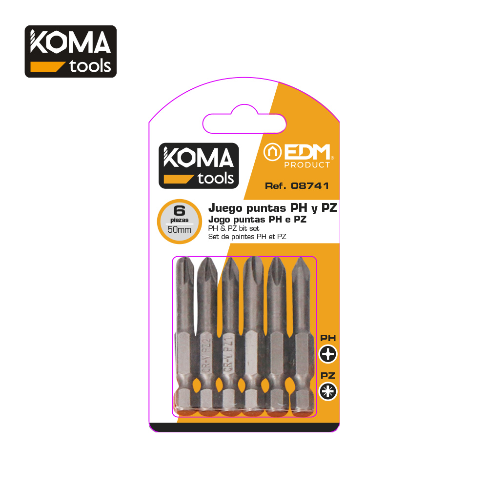 Jogo de 6 ponteirasph 1-2-3 pz 1-2-3 x 50mm koma tools