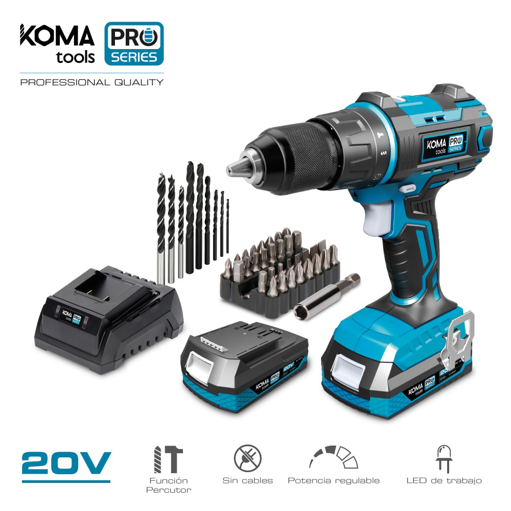 Kit de broca de martelo/chave de fenda de 20v com 2 baterias de 2.0a e carregador de bateria 22 5x20 3cm pro series battery koma tools