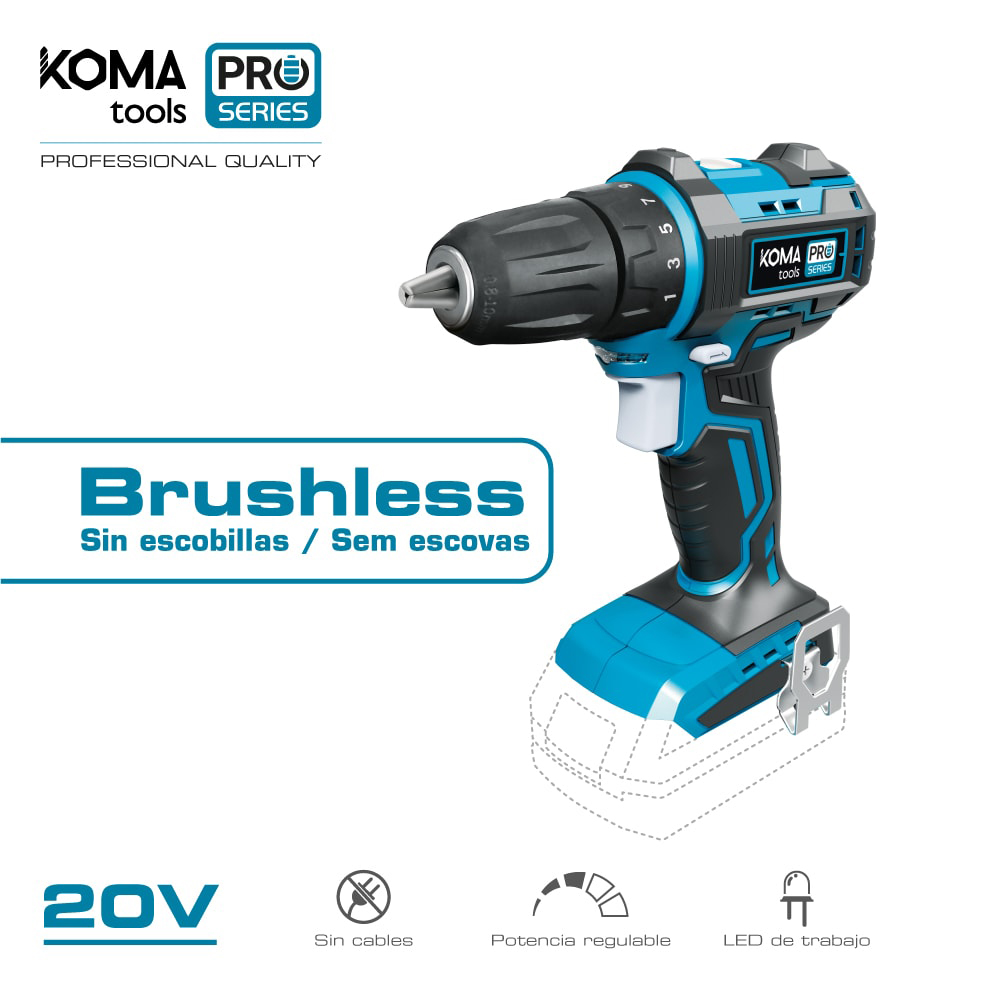 Furo chave de fenda 20v sem escovas (sem bateria e carregador) mandril ø10mm 18 5x19 6cm pro series battery koma tools