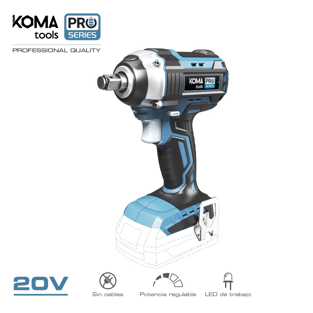 Chave de impacto 20v brushless (sem bateria e carregador) 16x23 5cm koma tools pro series battery