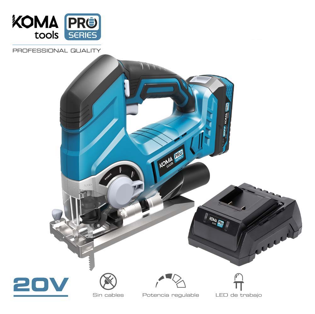 Kit serra tico-tico 20v com 1 bateria 2.0a. e carregador 08772. 23x21 5cm koma tools pro series battery