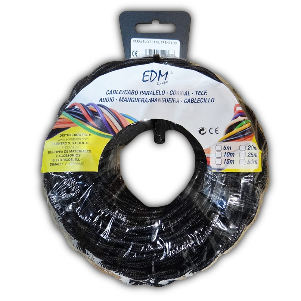 Cabo paralelo têxtil trançado 2x1 5mm preto 25mts