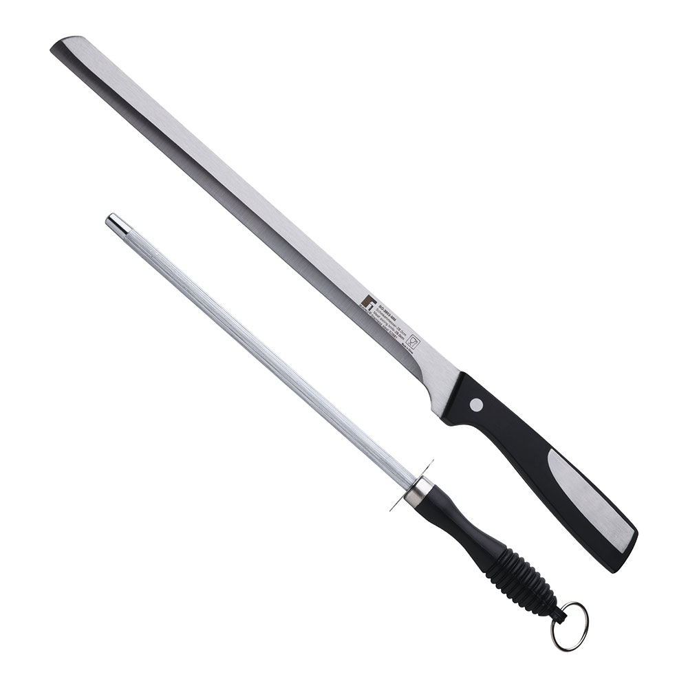 Conjunto de faca de presunto 25cm + afiador de aço inox. 20cm. inox. resa bergner