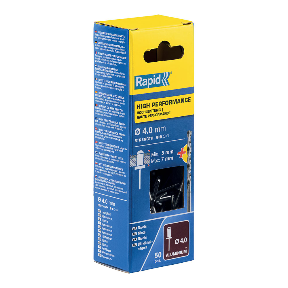 Blíster de 50 rebites ø4x10mm. alu + broca 5001459 rapid