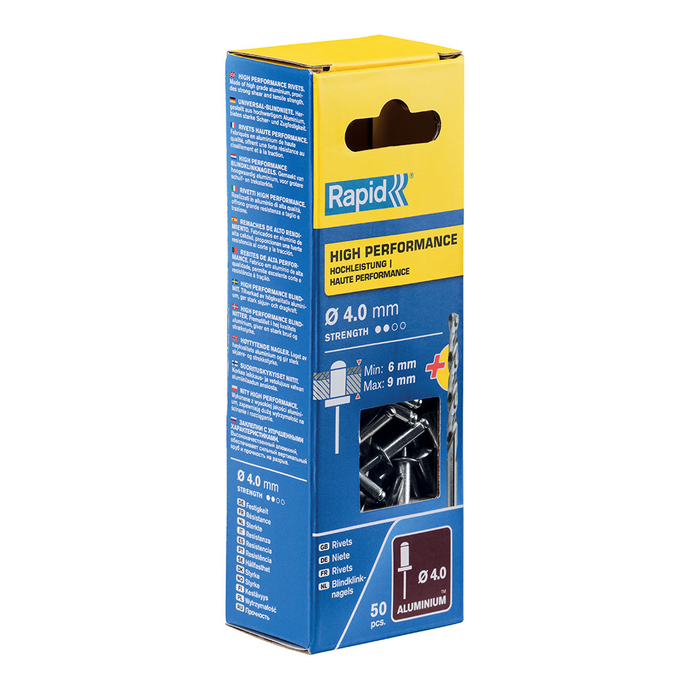 Blíster de 50 rebites ø4x12mm. alu + broca 5000384 rapid