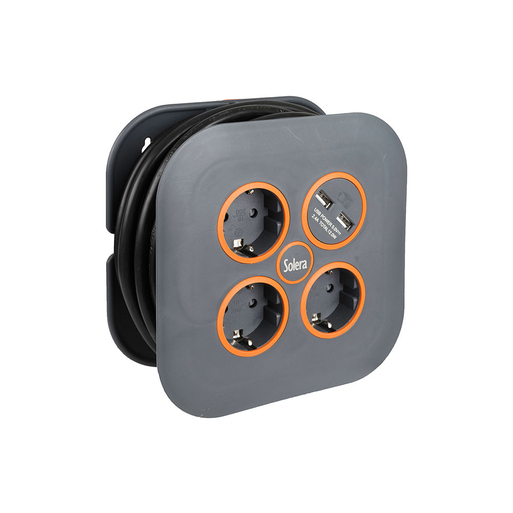 Enrolador de cabo com 3 bases 2p+t e 2 usb solera 7321usb