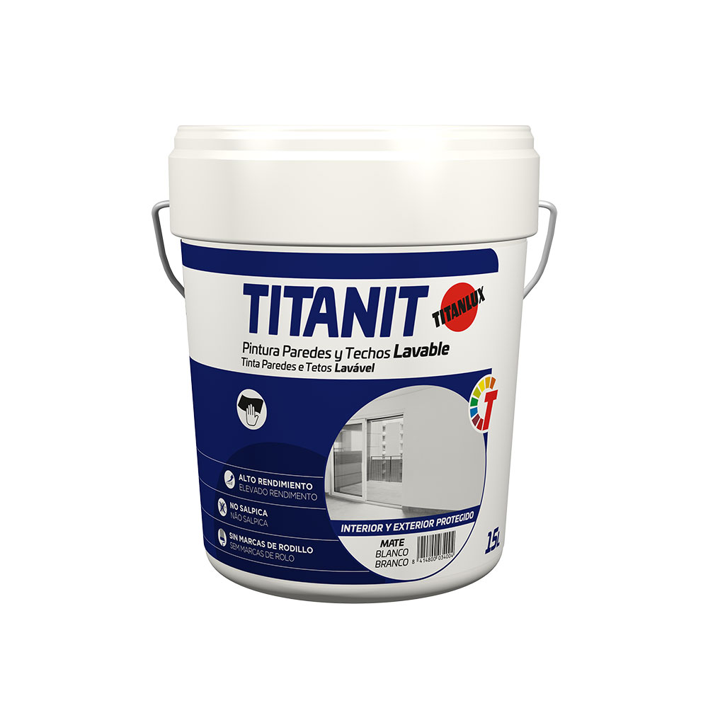 Tinta paredes e tetos lavável titanit mate branco interior e exteriores protegidos 15l titanlux 029190015
