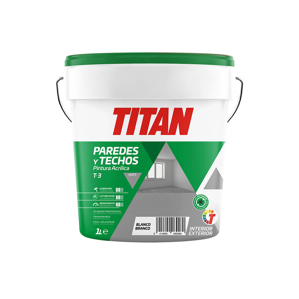 Tinta acrílica para decoração de paredes e tetos t-3 branco mate 1l titan 123000301