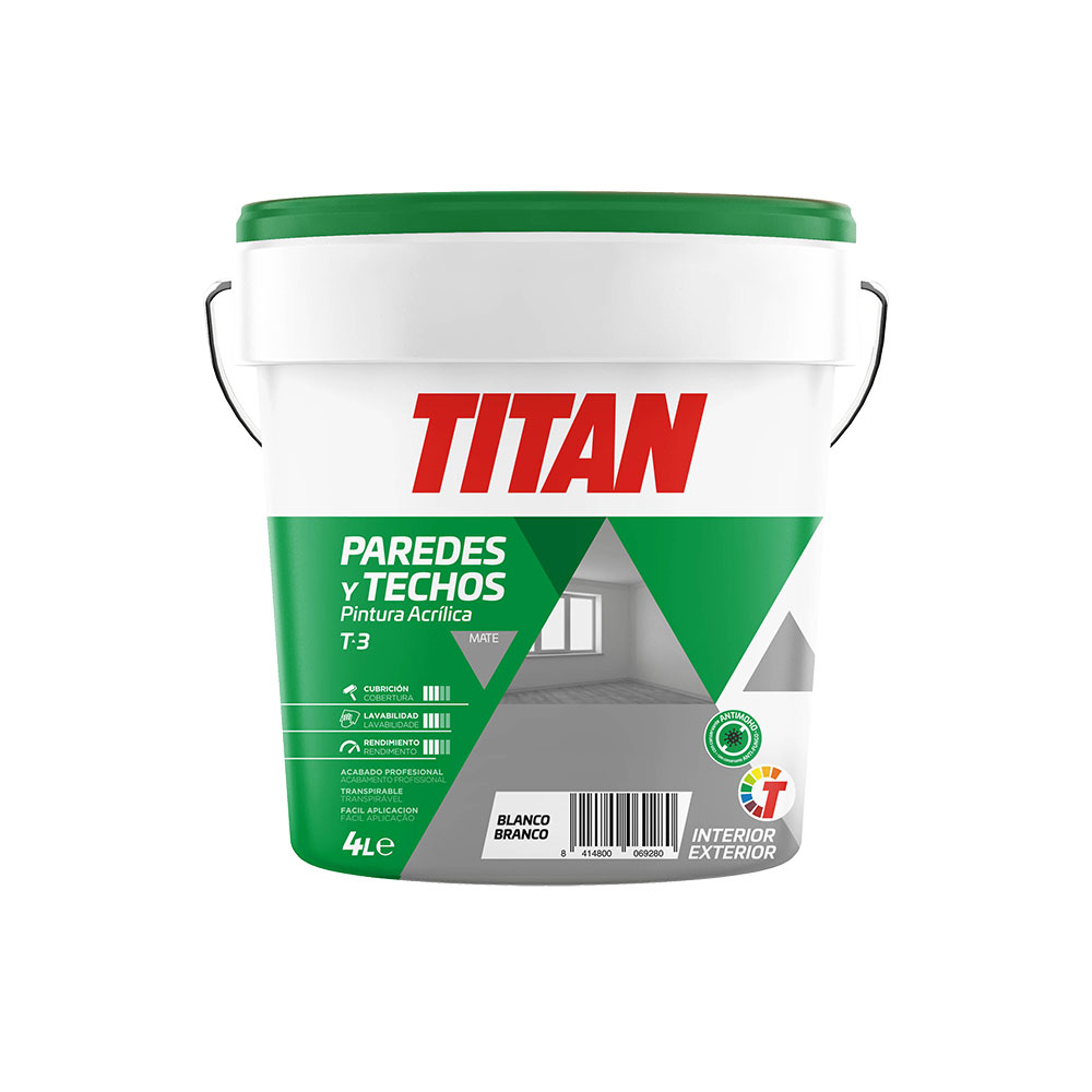 Tinta acrílica para decoração de paredes e tetos t-3 branco mate 4l titan 123000304