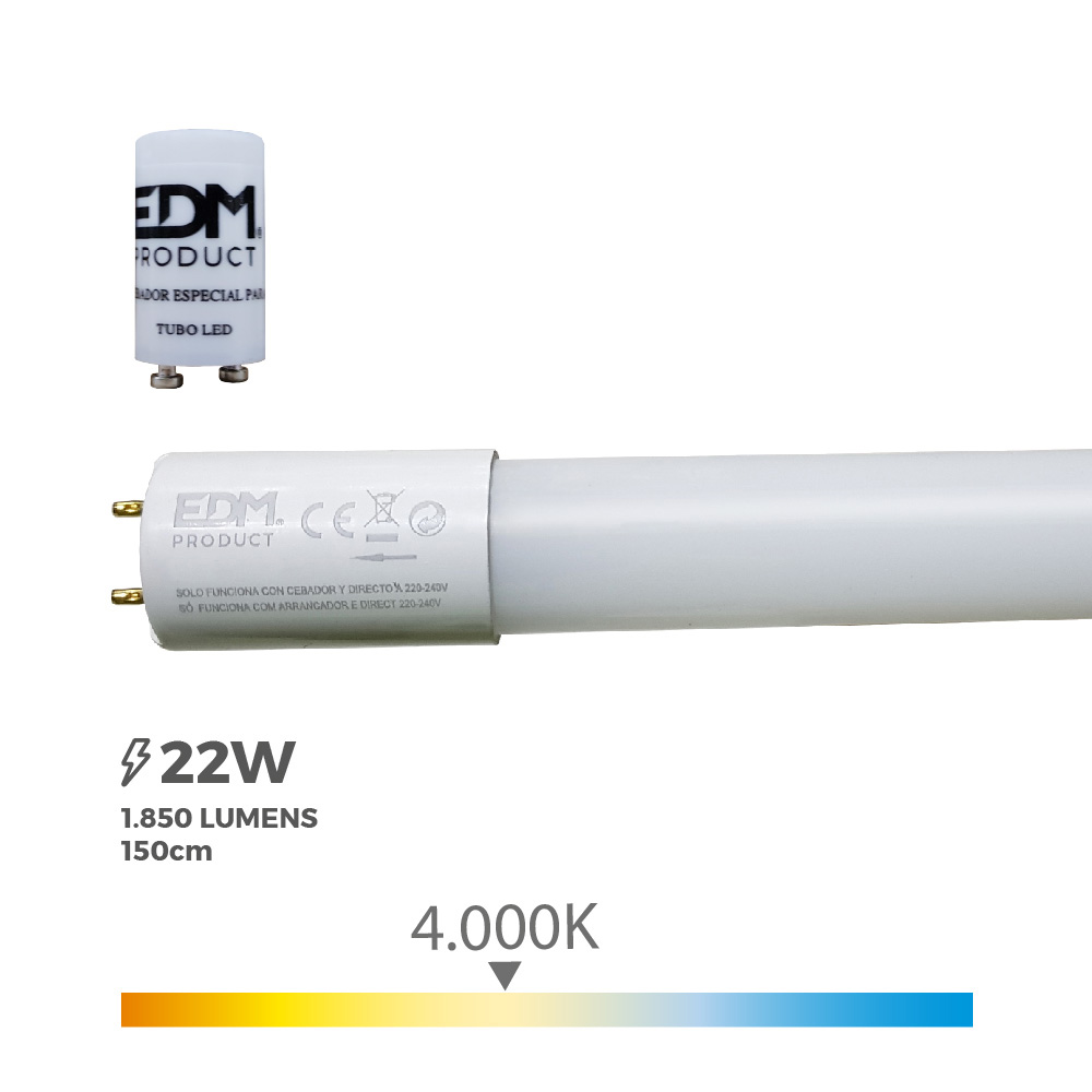 Tubo led t8 22w 2000lm 4000k luz do dia (eq.58w) ø2 6x150cm edm