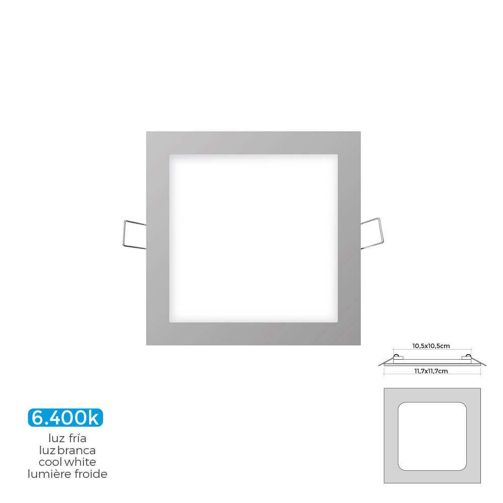 Mini downlight led quadrado de encastrar 6w 6400k luz fria cor cromado 11 7x11 7cm edm