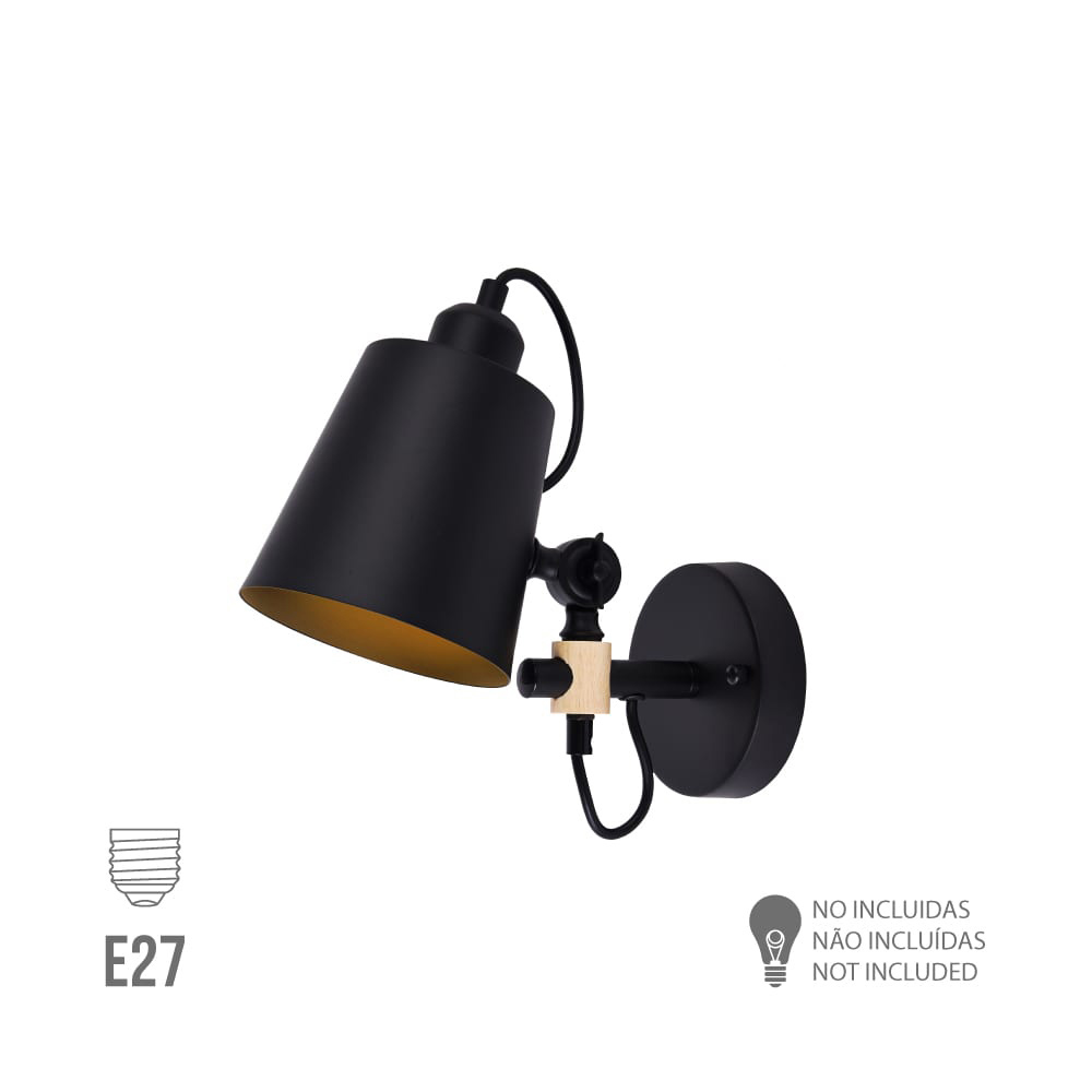 Luz de parede metálica e27 60w cor preta 25x27cm edm