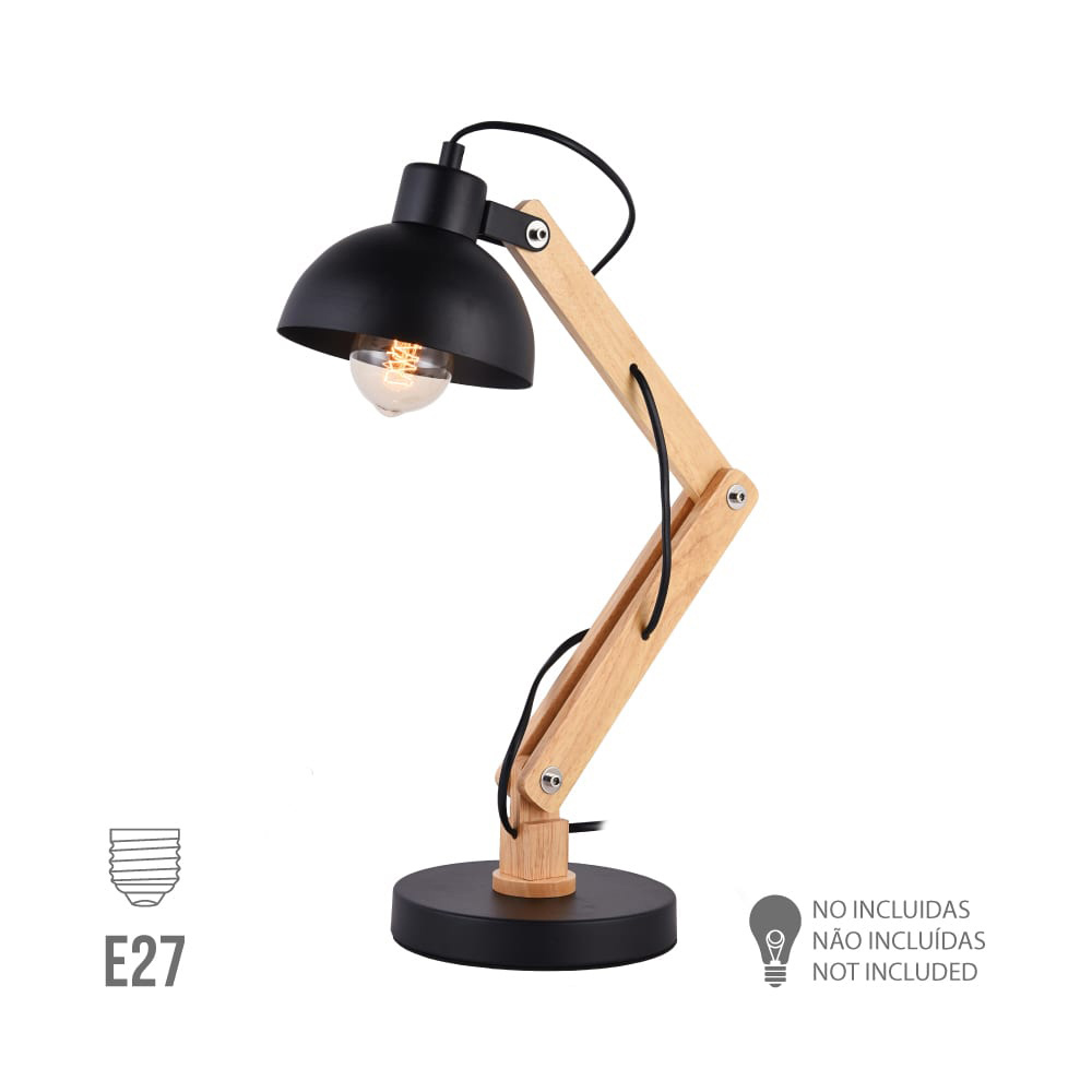 Candeeiro de mesa vintage tipo arquiteto. madeira/metal e27 60w cor preta ø16x52cm edm