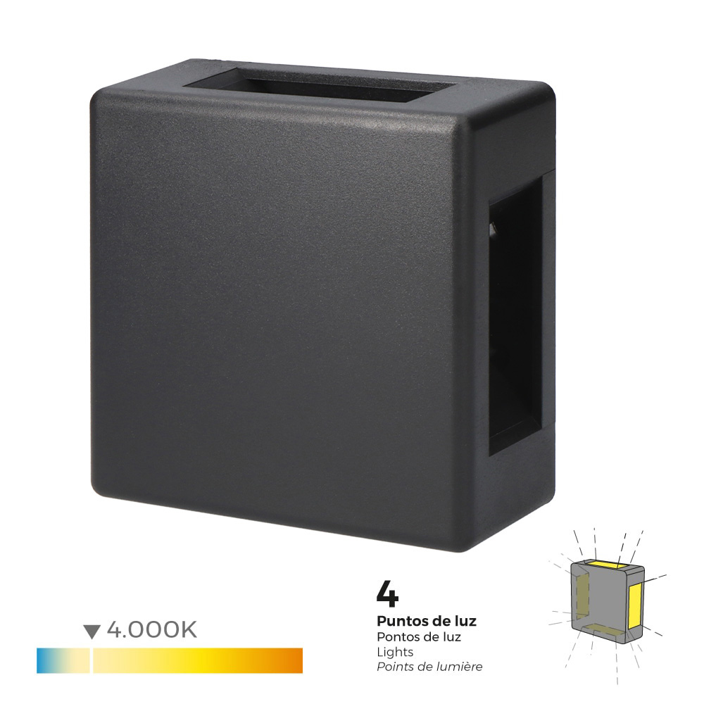 Candeeiro de parede led 6w 130lm 4000k luz dia quadrado ip65 12x12x5cm 4 projeções edm