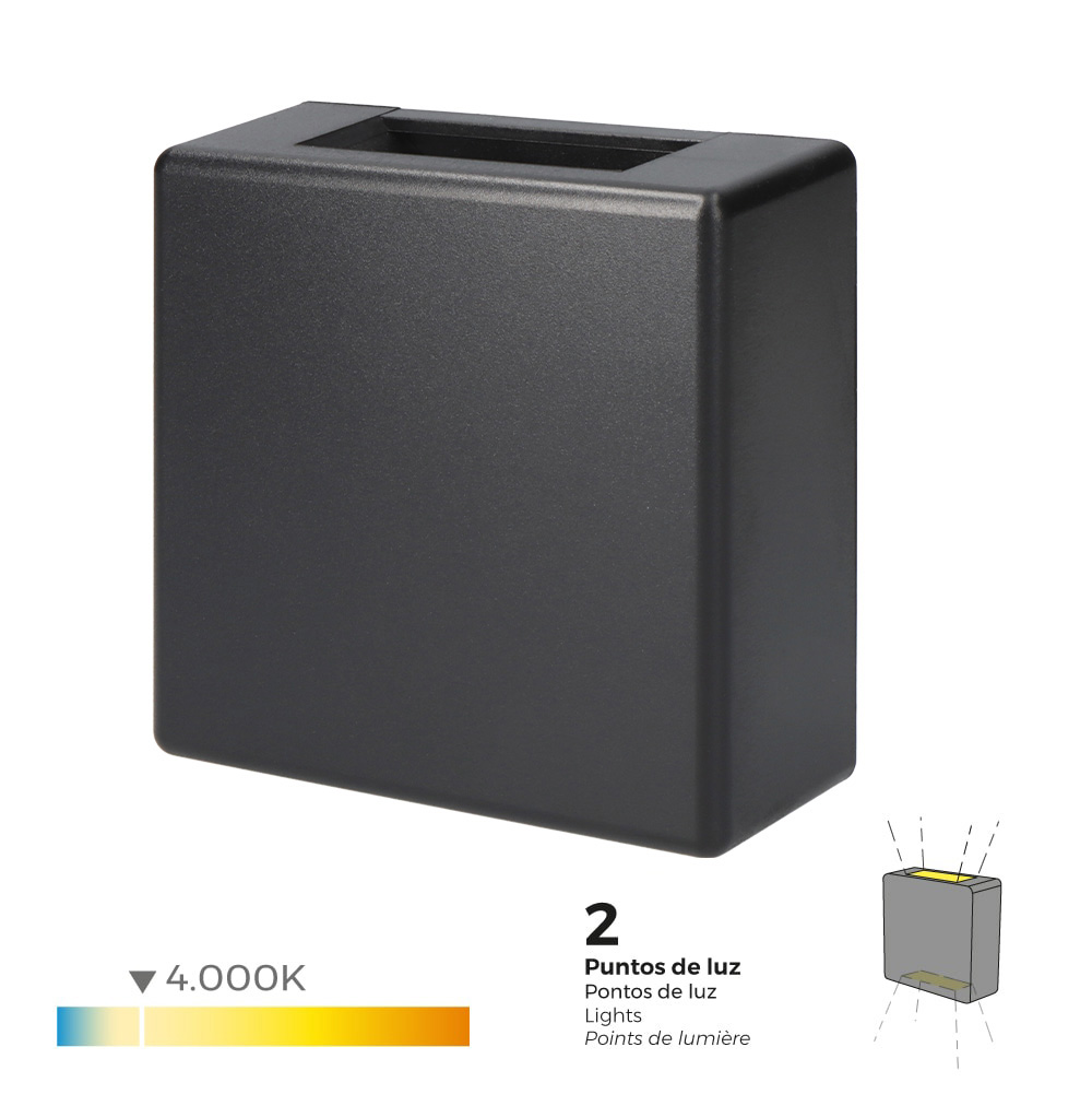 Candeeiro de parede led 3w 85lm 4000k luz dia ip65 12x12x5cm quadrado 2 projeções edm
