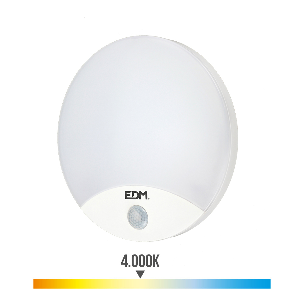 Candeeiro de parede redondo exterior led 13w 1850lm 4000k ip54 ø25x4 9cm com sensor de movimento edm