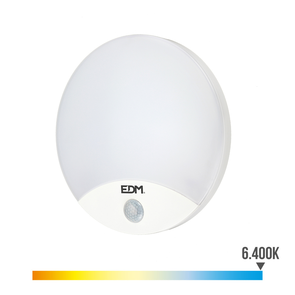 Candeeiro de parede redondo exterior led 13w 1850lm 6400k ip44 ø25x4 9cm com sensor de movimento edm