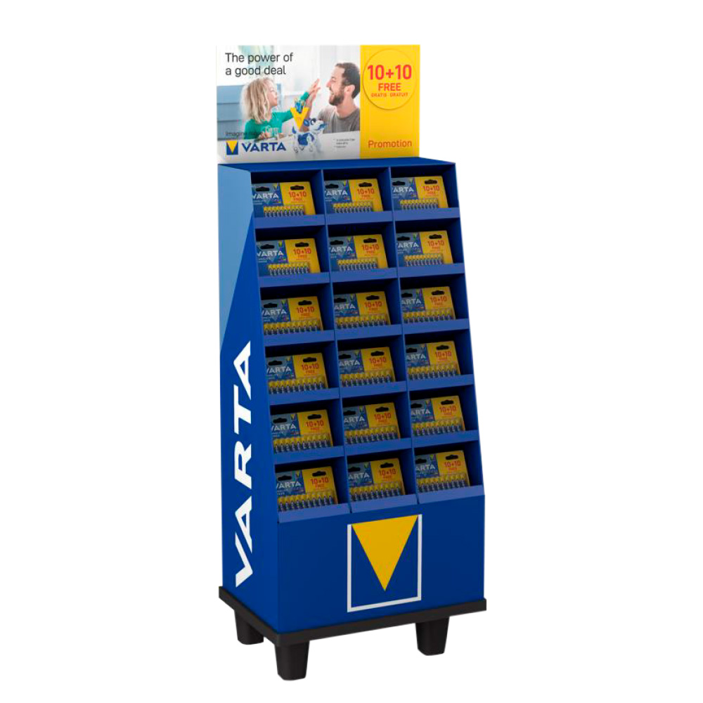Expositor promocional 102 blísters 10+10 pilhas longlife power varta
