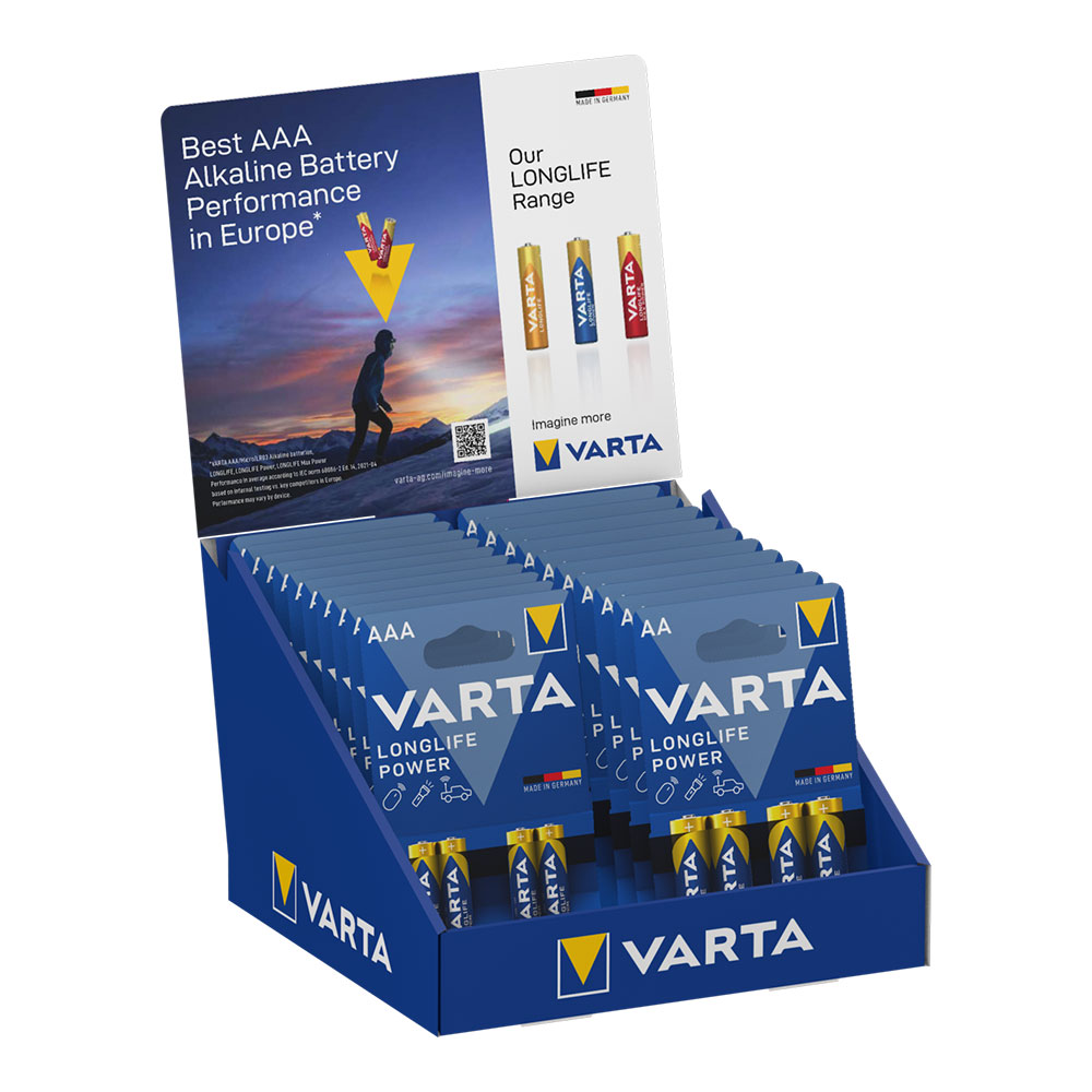 S.of. expositor cartão de mesa pilhas varta  long life  10 blísters 4 pilas aaa lr03 + 10 blísters 4 pilhas aa lr06 varta 27x18x17cm