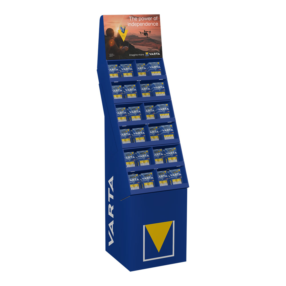 Expositor cartão de pilhas varta  energy  52 blísters 6 pilhas aaa lr03 + 100 blísters 6 pilhas aa lr06 varta 40x40x148cm