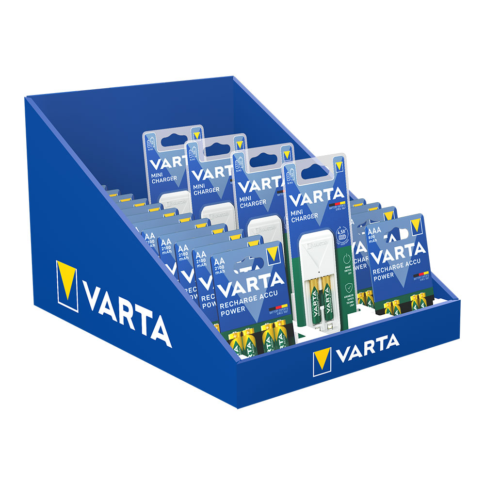 Expositor 12 blísters aa +12 blísters aaa inclui 4 carregadores gratis varta