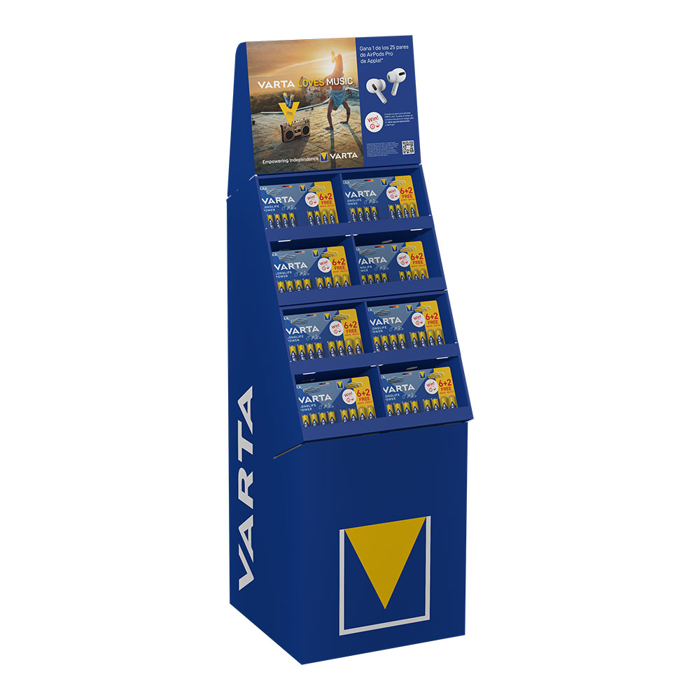 Expositor cartão torre varta he 38 blísters 6+2xaaa lr03 + 50 blísters 6+2xaa lr06 varta 40x40x123cm