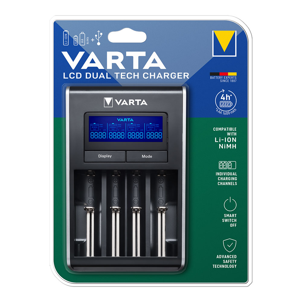 Carregador varta lcd dual tech para pilhas li-ion e ni-mh sem pilhas 100/240v