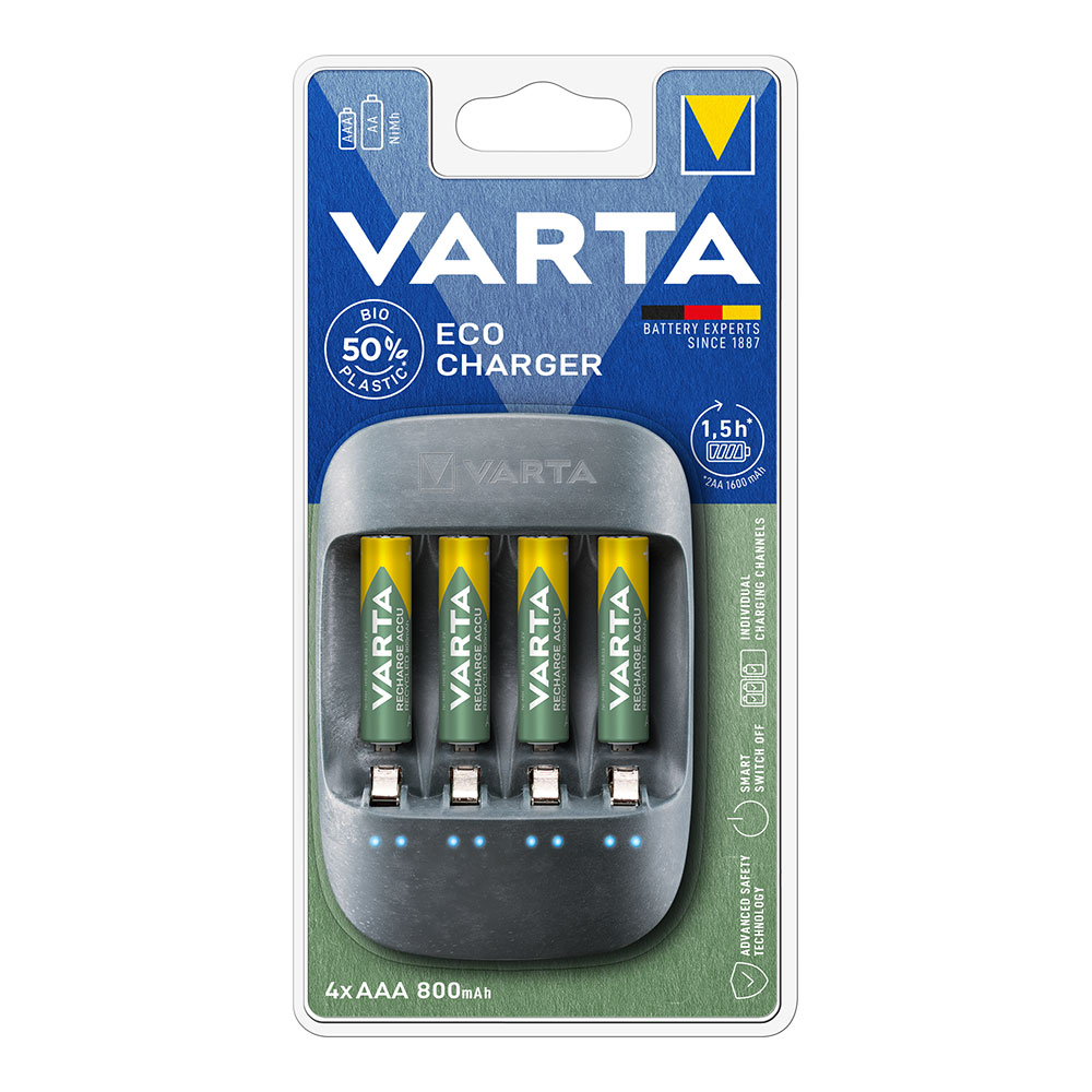 Carregador varta eco charger para pilhas aa e aaa com pilhas aaa