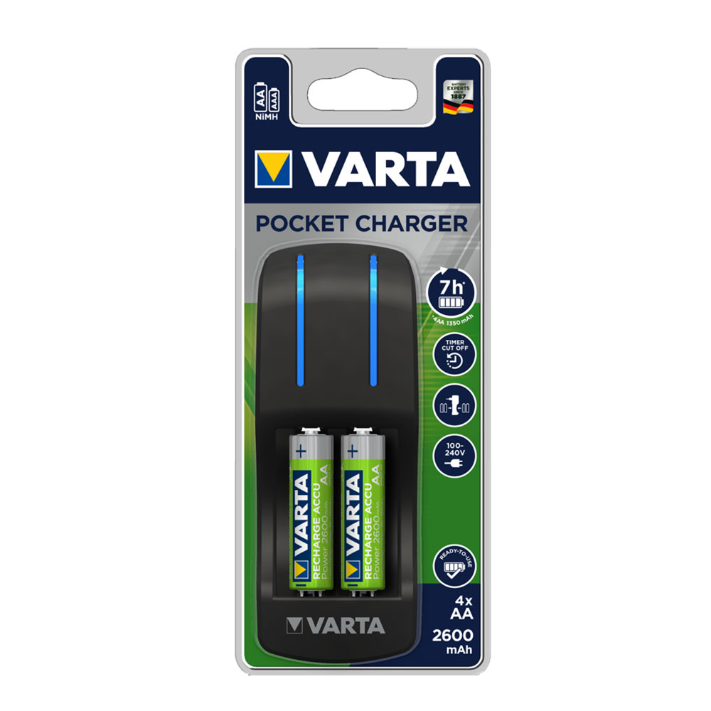 Carregador varta pocket com 4 pilhas aa 100/240v 2600mah 7h