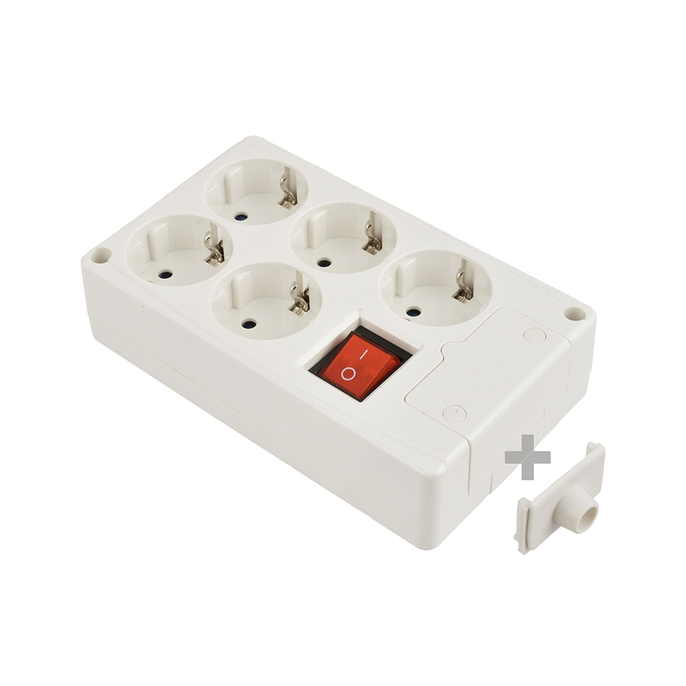 Bloco bipolar 5 tomadas com t/t lateral 16a 250v cor branco + interruptor luminoso solera 8105il