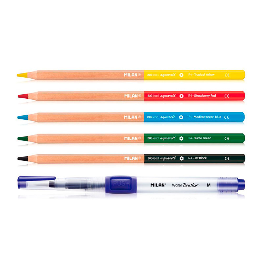 Blister pincel recarregavel water brush + 5 lapis aquarelas milan