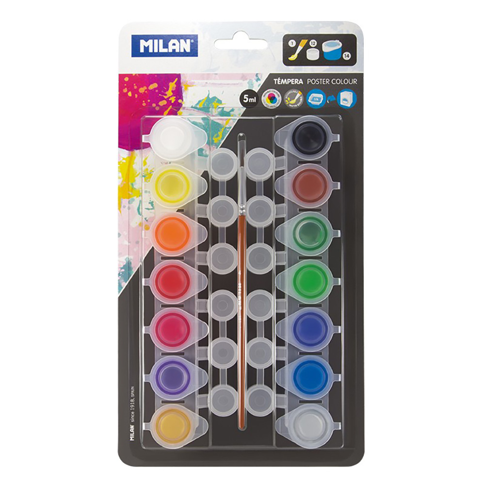Blister 14 potes tempera 5ml + 12 potes de mistura e pincel milan