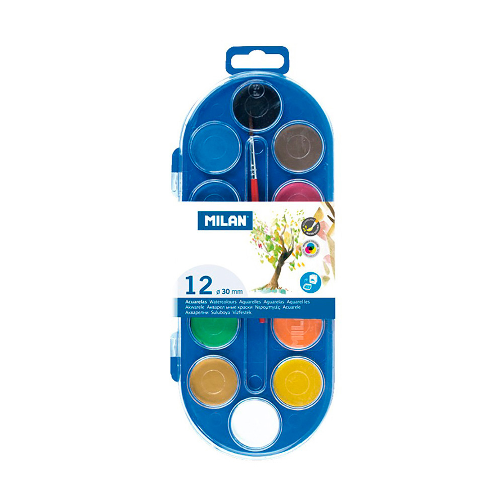 Estojo 12 pastilhas aquarelas ø30mm com pincel milan