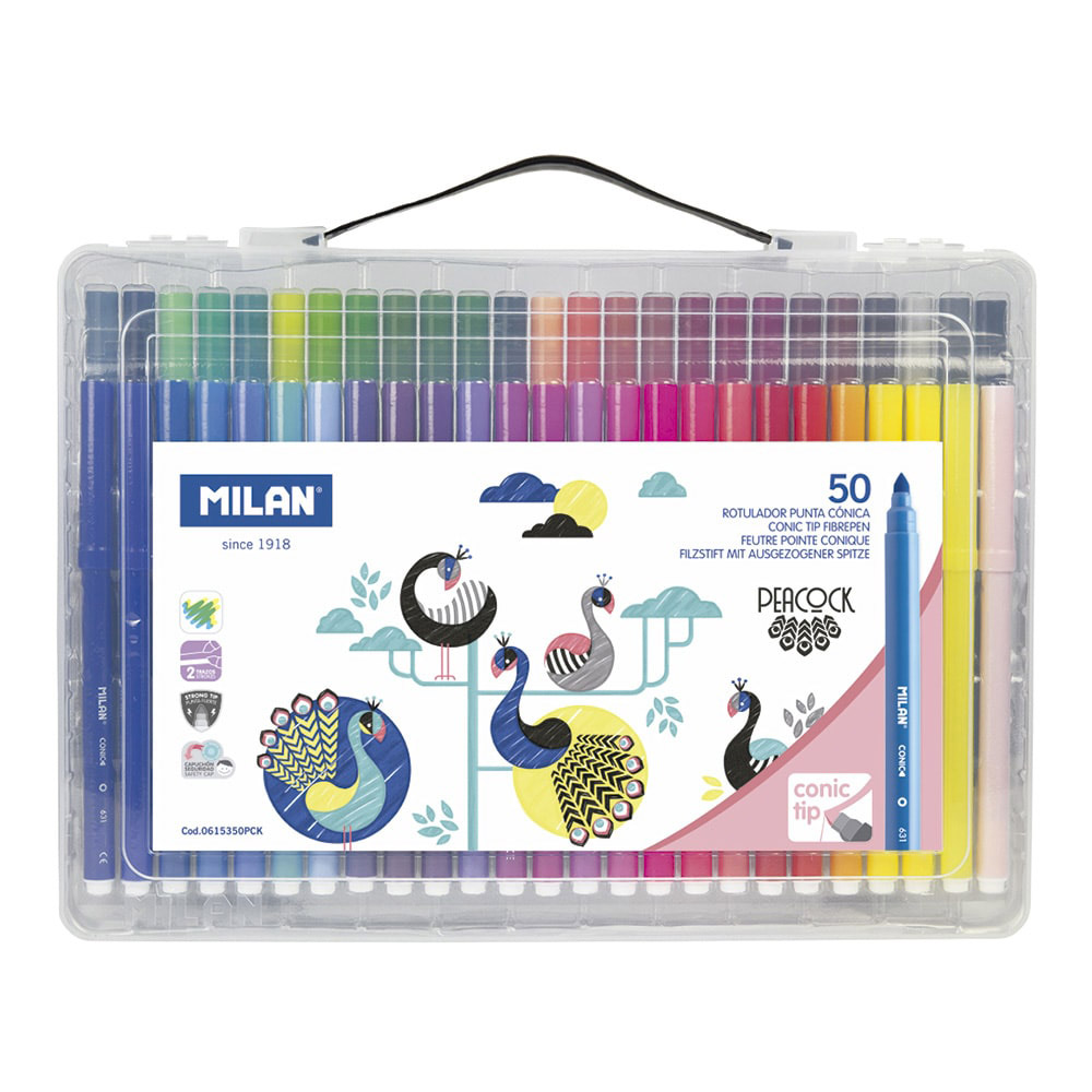 Maleta 50 canetas de feltro ponta cónica ø5mm base agua  edição peacock milan