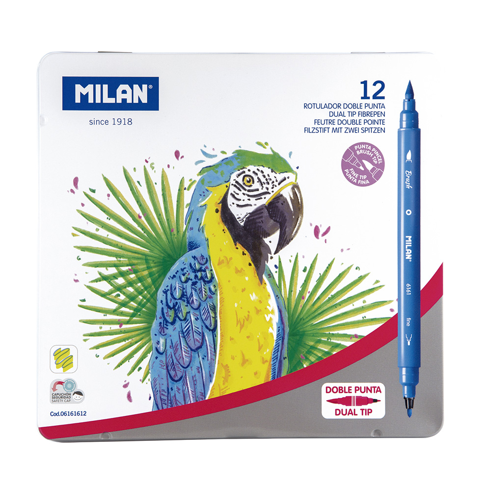 Caixa metálica 12 canetas de feltro duplas  ponta fina ø2mm tipo pincel milan