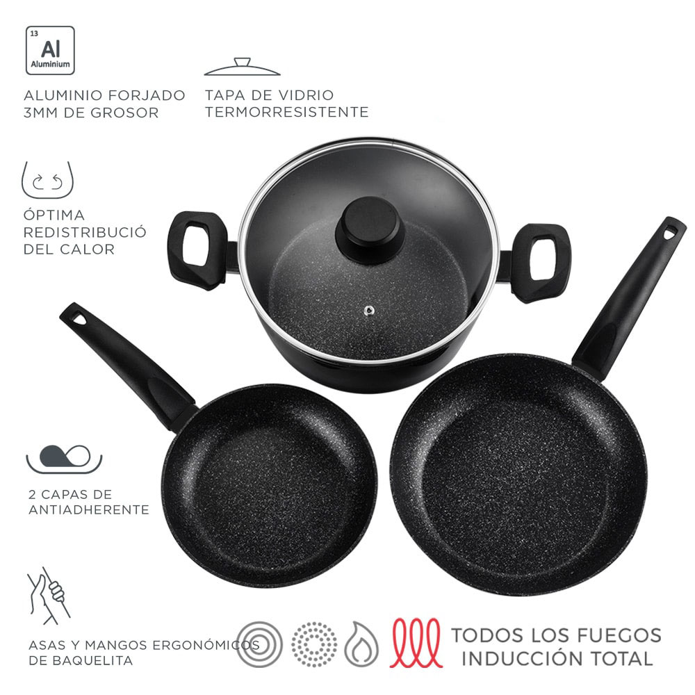 *s.of*kit 2 frigideiras + 1 panela vivant preta alumínio 3004 fagor