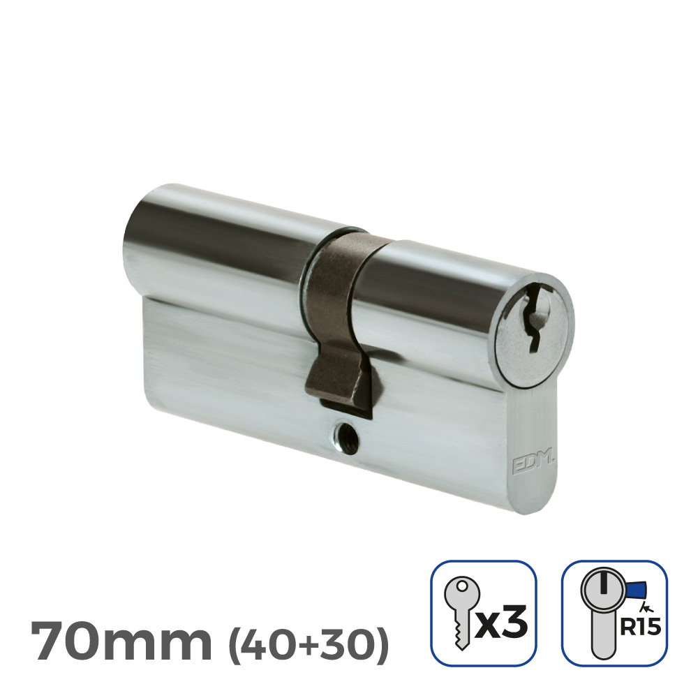 Cilindro niquel 70mm (40+30mm) largura da came r15 com 3 chaves incluídas edm