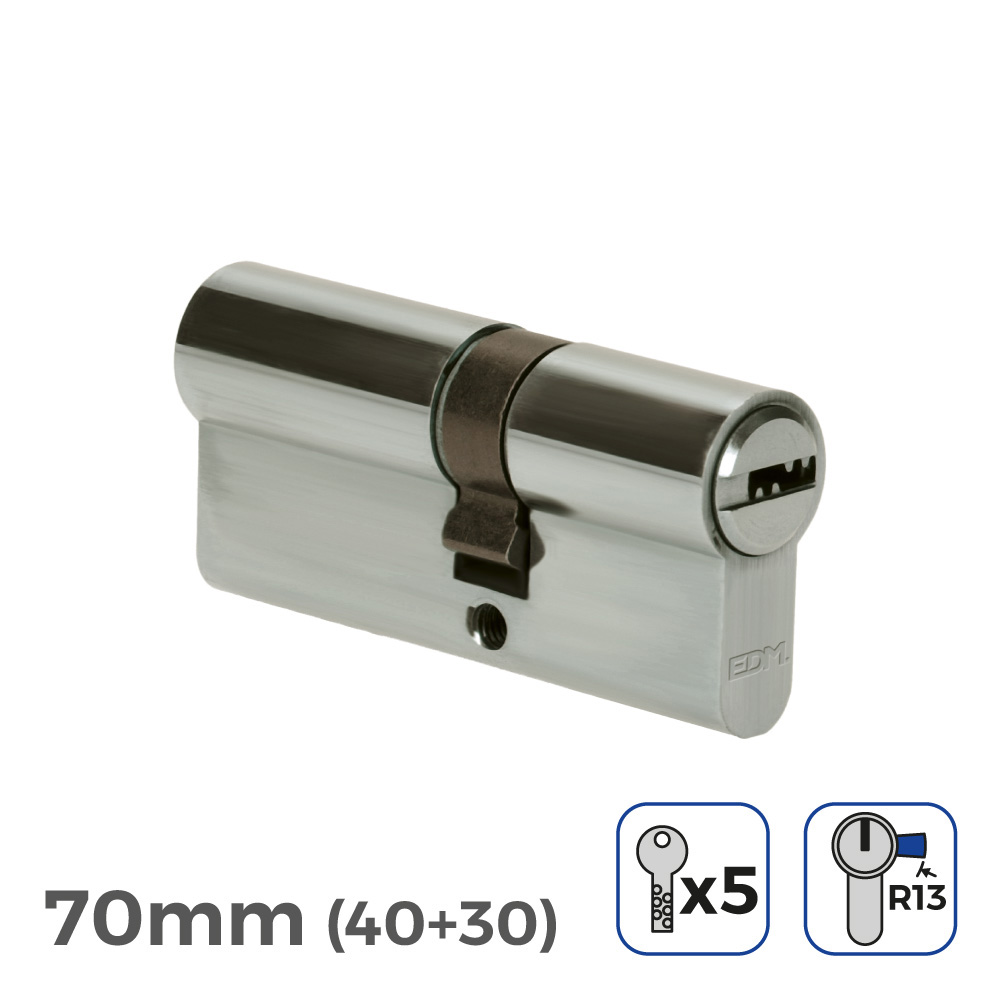 Cilindro niquel 70mm (40+30mm) com 5 chaves segurança incluídas edm
