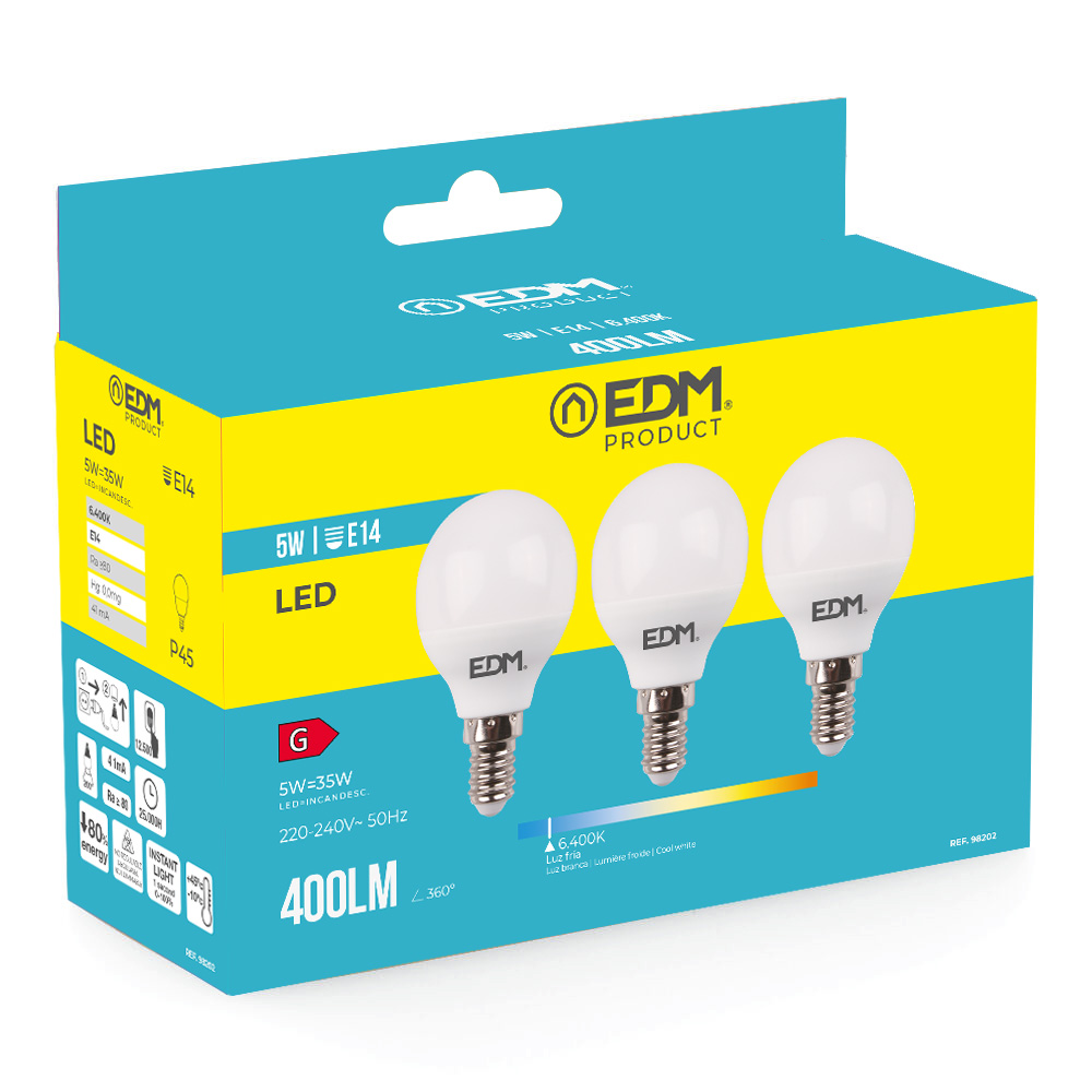 Kit 3 lâmpadas esféricas led e14 5w 400lm 6400k luz fria ø4 5x8cm edm