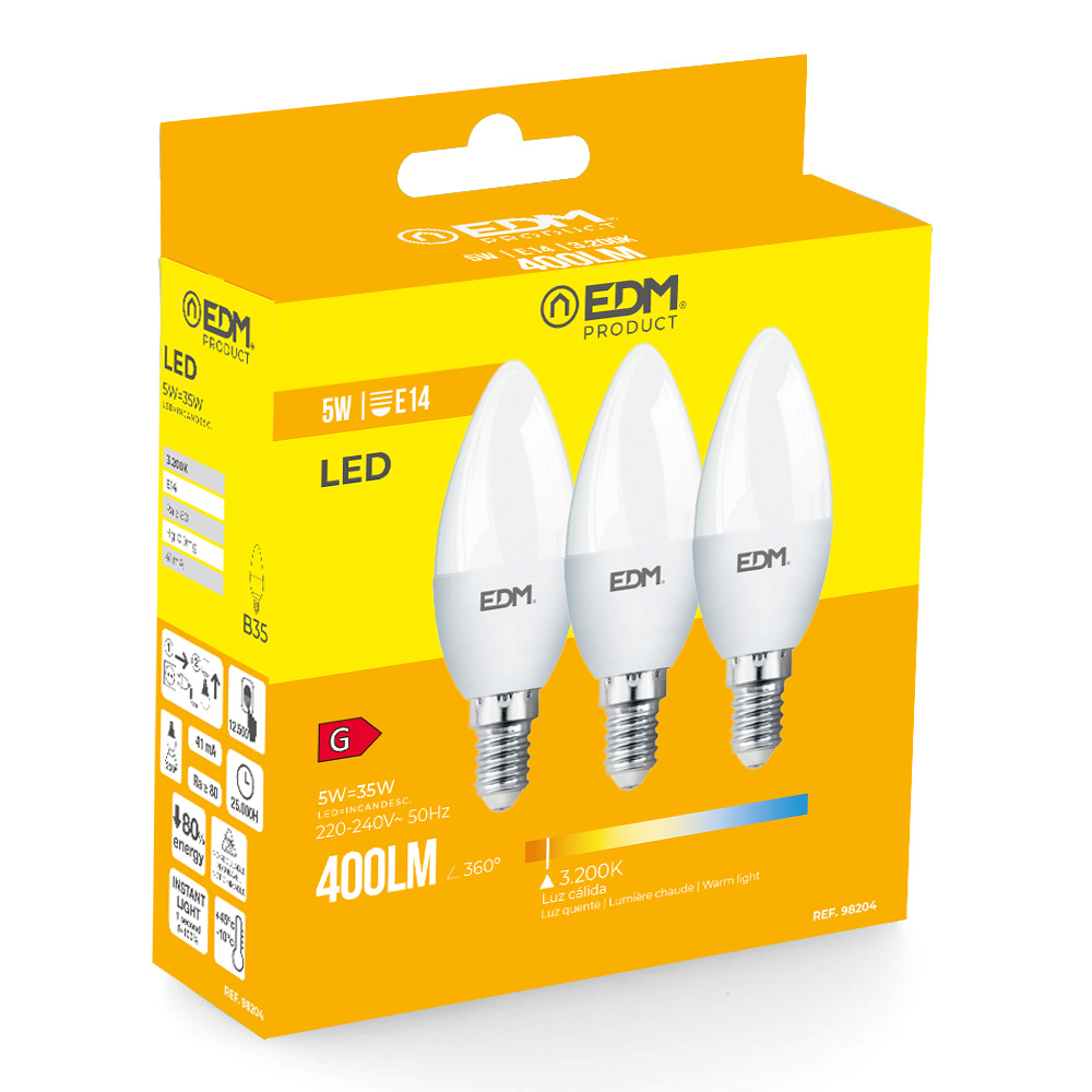 Kit 3 lâmpadas de velas led e14 5w 400lm 3200k luz quente ø3.6x10cm edm
