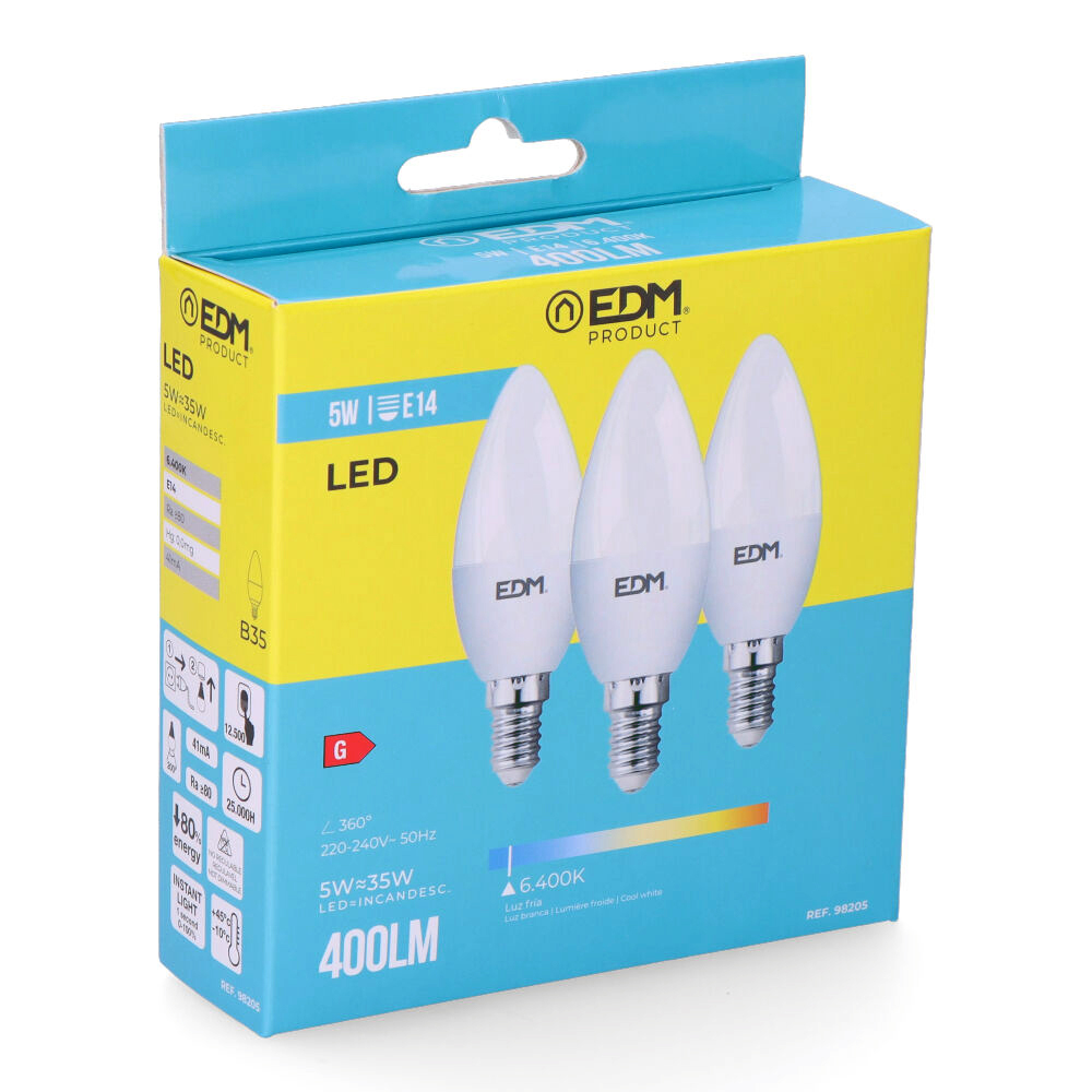 Kit 3 lâmpadas de velas led e14 5w 400lm 6400k luz fria ø3.6x10cm edm