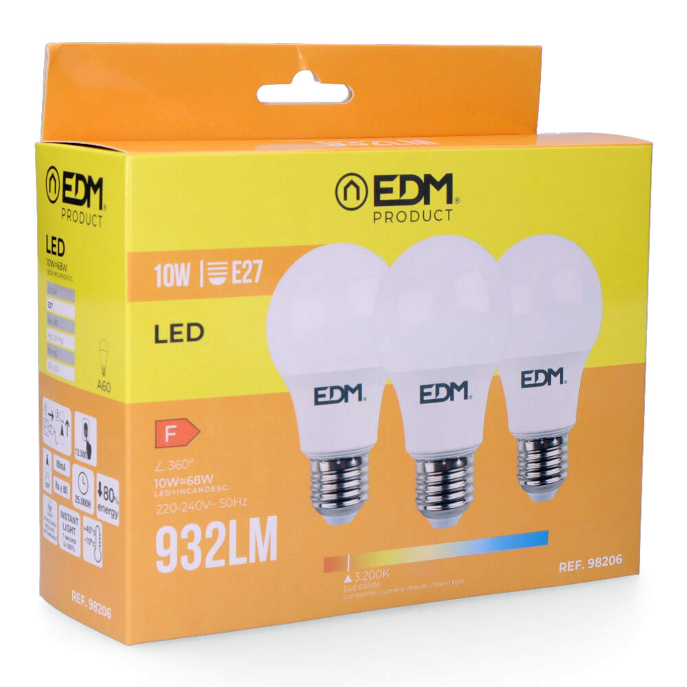 Kit 3 lâmpadas led standard e27 10w 810lm 3200k luz quente ø6x10 8cm edm