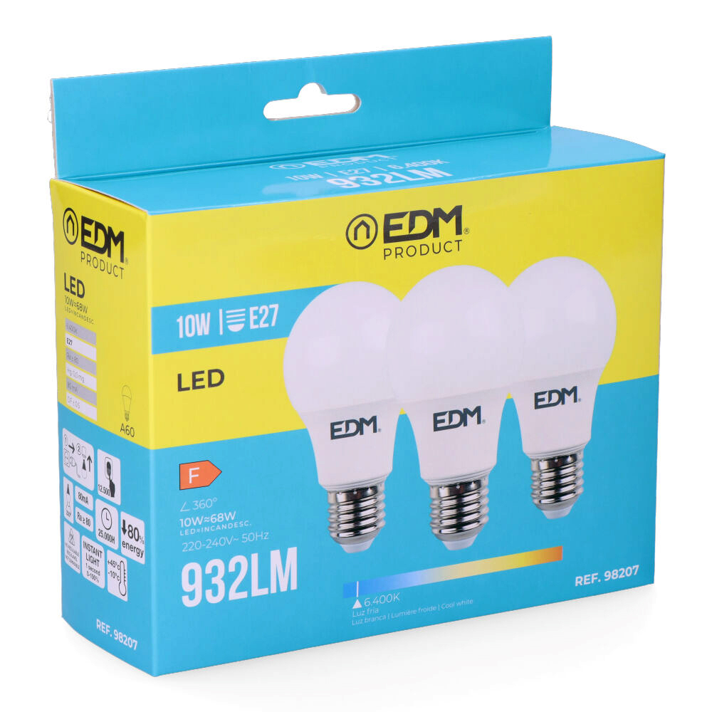 Kit 3 lâmpadas led standard e27 10w 810lm 6400k luz fria ø6x10 8cm edm