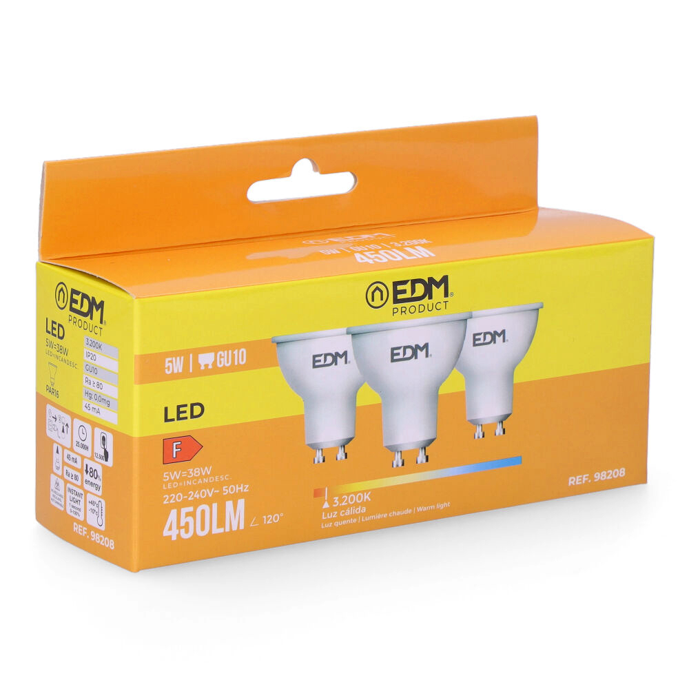 Kit 3 lâmpadas dicroicas led gu10 5w 450lm 3200k luz quente ø5x5 5cm edm